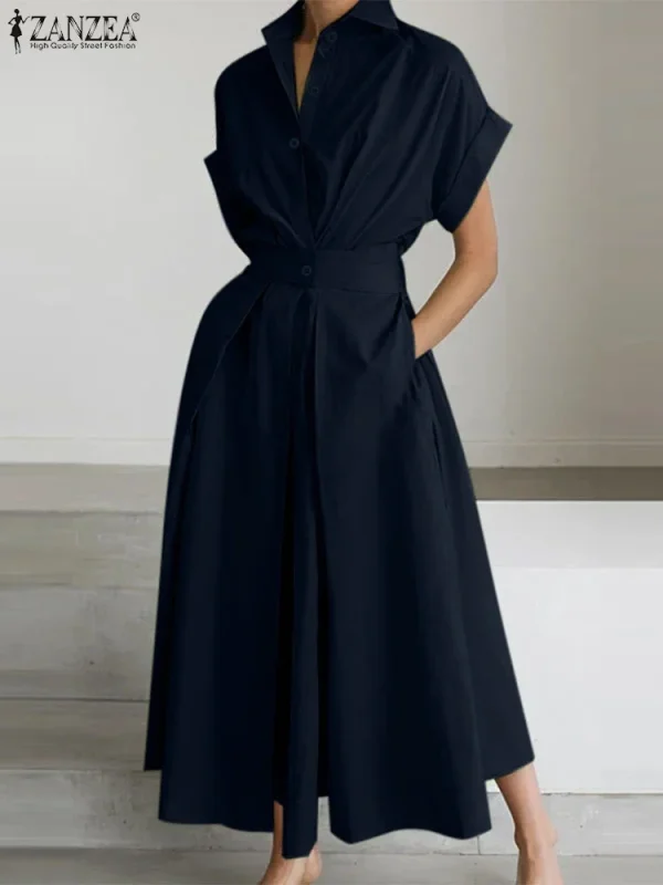 ZANZEA Women Fashion Summer Shirt Dress 2025 Elegant High Waist Short Sleeve Midi Dresses Solid Collared Robes Femme Streetwear - Image 5
