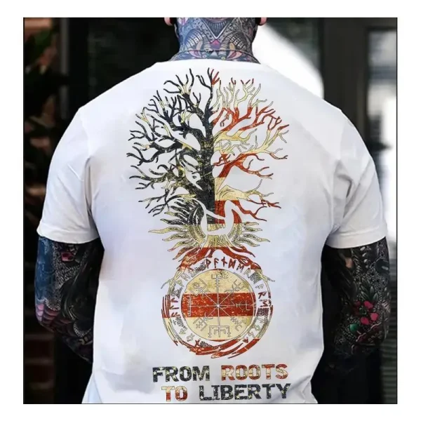 From Roots to Liberty Patriotic Tree 4th of July Independence Day Graphic Tee | Vintage Distressed American Flag T-Shirt