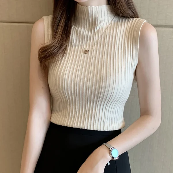 Solid Slim Thin Sleeveless Knitted Sweater 2023 Spring Summer Half High Neck Shirt for Women Elegant Casual Blouse Blusas 15662 - Image 4