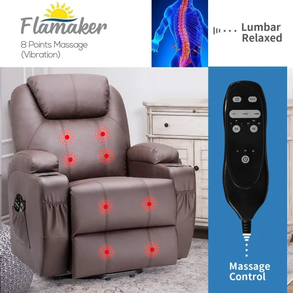 Power Lift Recliner Chair PU Leather with Massage for Elderly Ergonomic Lounge Chair Classic Single Sofa (Leather, Brown) - Image 3