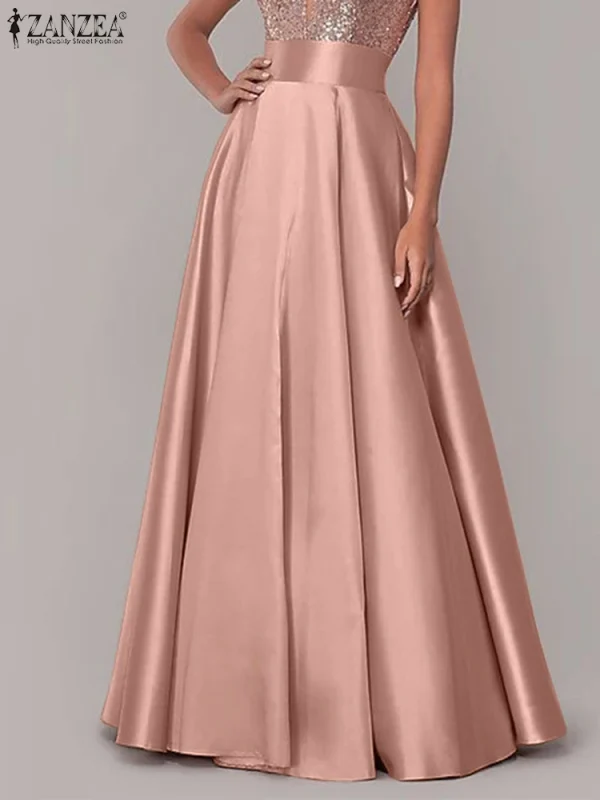 ZANZEA Bohemian Women Satin Silk Long Skirts Cotton Solid Elegant Loose Sundress Femme Elastic Waist Oversized Casual Dresses - Image 2