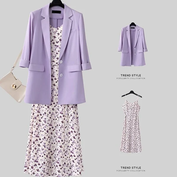 1 Pcs Women's Dresses Blazers Spaghetti Strap Floral Print Dress Solid Casual Loose Suit Jacket 2025 Spring Autumn Outerwear - Image 3