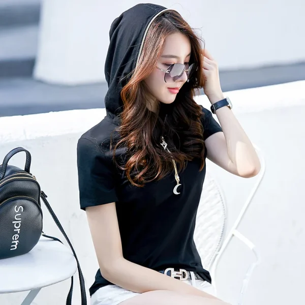 Summer New Short-sleeved Hooded Sweater Women's Zipper Solid Color Casual Fashion Shirt All-match Slim Hooded Top