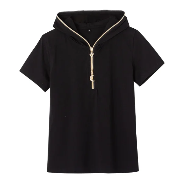 Summer New Short-sleeved Hooded Sweater Women's Zipper Solid Color Casual Fashion Shirt All-match Slim Hooded Top - Image 2