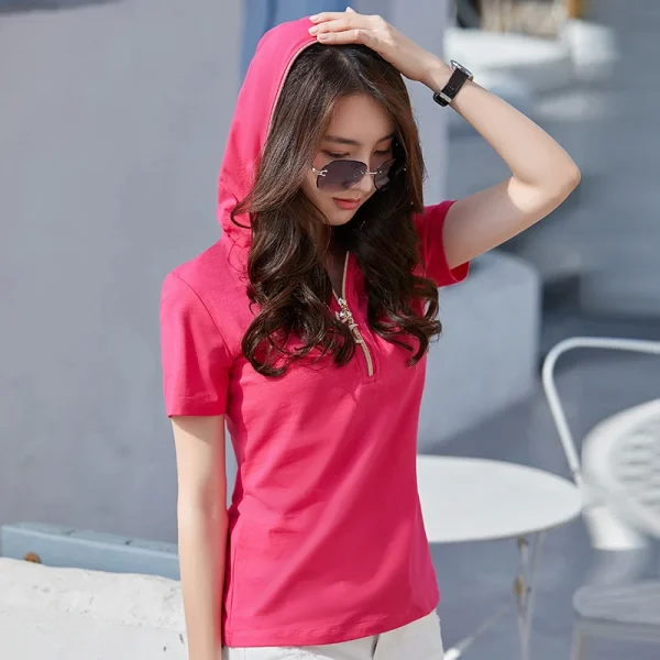 Summer New Short-sleeved Hooded Sweater Women's Zipper Solid Color Casual Fashion Shirt All-match Slim Hooded Top - Image 3