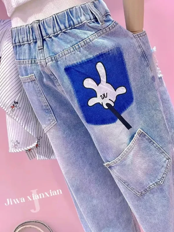Cartoon Print Ripped Straight Jeans Spring Summer Thin Contrasting Narrow Version Wide Legs High Waisted Blue Jeans for Women - Image 4