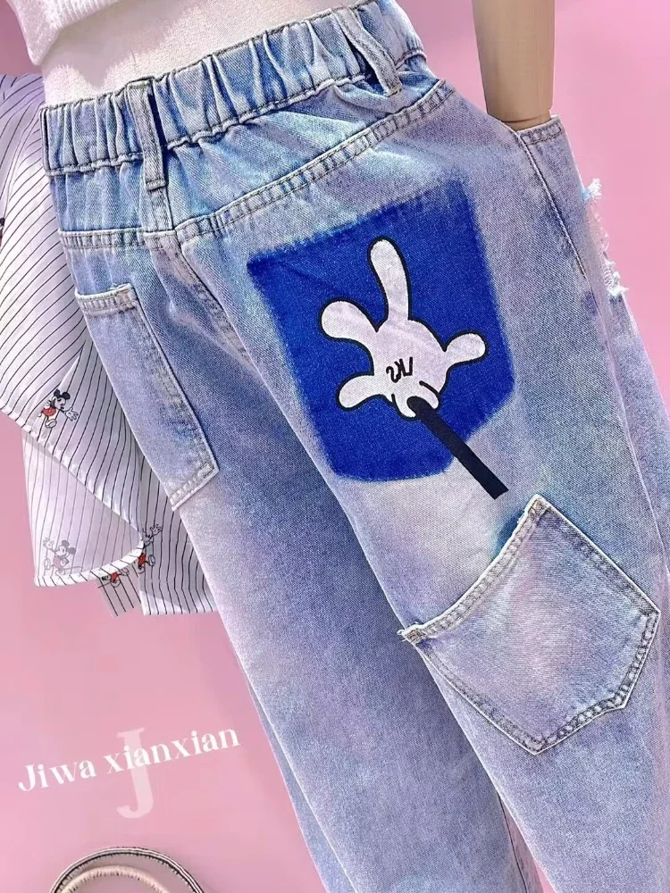 Cartoon Print Ripped Straight Jeans Spring Summer Thin Contrasting Narrow Version Wide Legs High Waisted Blue Jeans for Women - Image 4