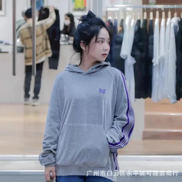 Needles ssz track butterfly velvet gray hoodie Japanese fashion brand loose-fitting autumn/winter unisex hooded sweatshirt - Image 2