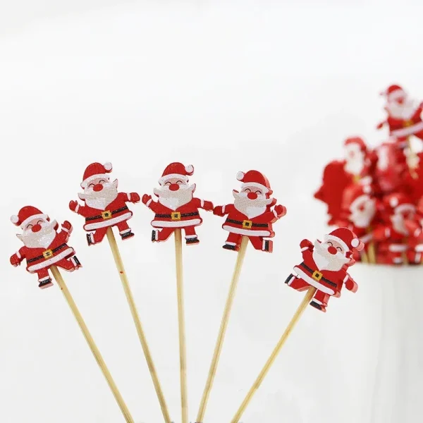 Santa Claus Bamboo Skewers Wooden Disposable Christmas Toothpick Kitchen Accessories Dessert Fruit Party