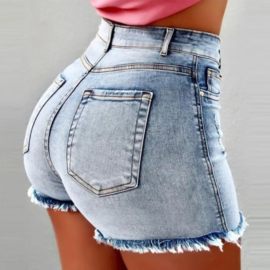 Sexy Denim Shorts Women Jeans Tassel Washed Distressed Skinny Mid Waist Pockets Streetwear Female 2025 Straight Short Pants