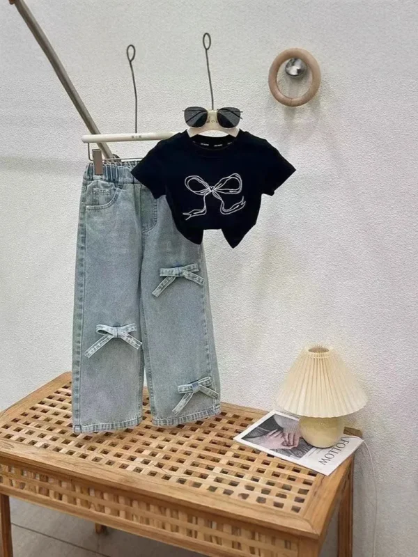 MILANCEL New Summer Kids Clothes Set Girls Bow Color Blocked Top +Solid Color Straight Leg Jeans Children Outfit 2PCS