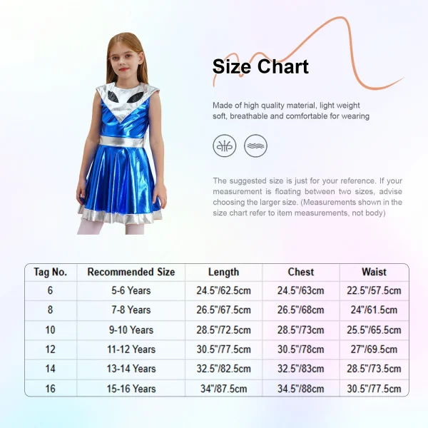 Girls Halloween Alien Cosplay Costume Theme Party Carnival Role Play Clothes Sleeveless Contrast Color Metallic Shiny Dress - Image 3