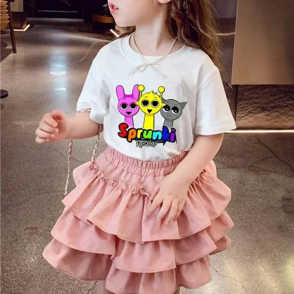 2pcs Sprunki T-shirt Skirt Set Girls Dress Cute Cartoon Sweet Summer Fashion Tutu Round Neck Kids Clothes Children Birthday Gift