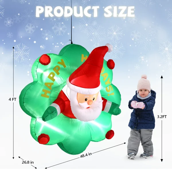 A 4-foot-tall inflatable Santa pops out of the window with a wreath, built-in LED lights, and Christmas window decorations - Image 3