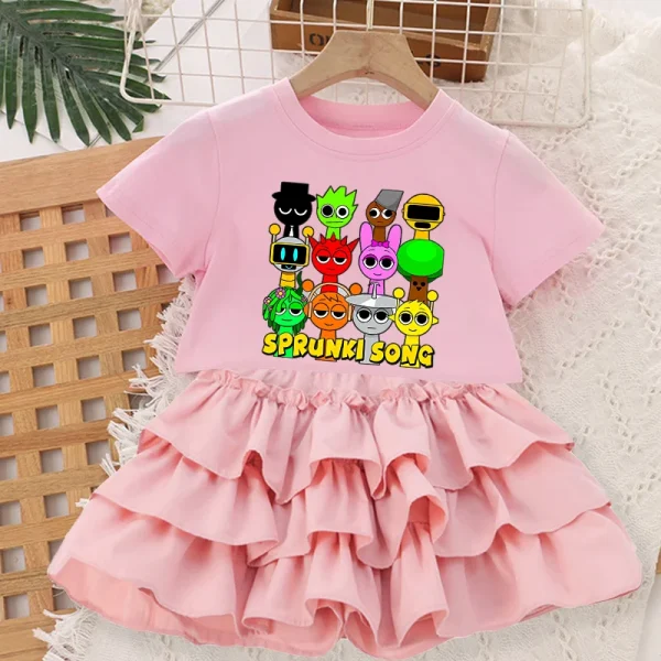 2pcs Sprunki T-shirt Skirt Set Girls Dress Cute Cartoon Sweet Summer Fashion Tutu Round Neck Kids Clothes Children Birthday Gift - Image 2