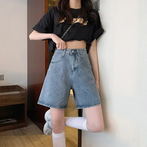 Women Jean High Waist Denim Pants Distressed Jean Wide Leg Knee Length Pockets Loose High Street Washed Zipper Fly Casual - Image 4