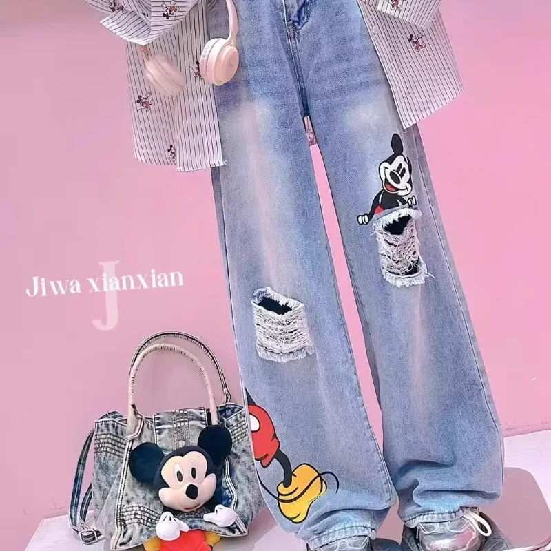 Cartoon Print Ripped Straight Jeans Spring Summer Thin Contrasting Narrow Version Wide Legs High Waisted Blue Jeans for Women - Image 5