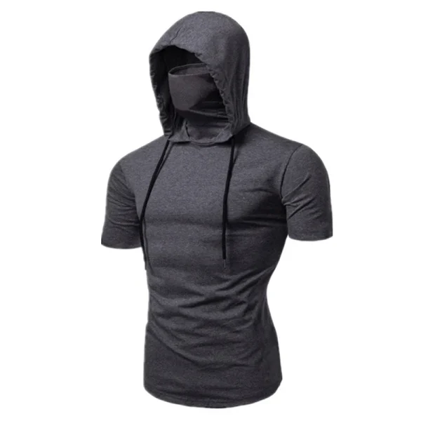 Mens Gym Thin Hoodie Short Sleeve Hoodies With Mask Sweatshirt Casual Splice Large Mask Hoodie Sweatshirt Hooded Tops Cycling - Image 2