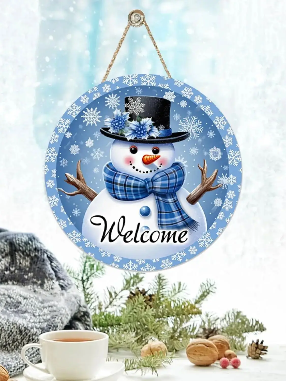1pc Santa Claus Wood Sign Christmas Welcome Round Front Door Sign for Room Hanging Decor - Image 2