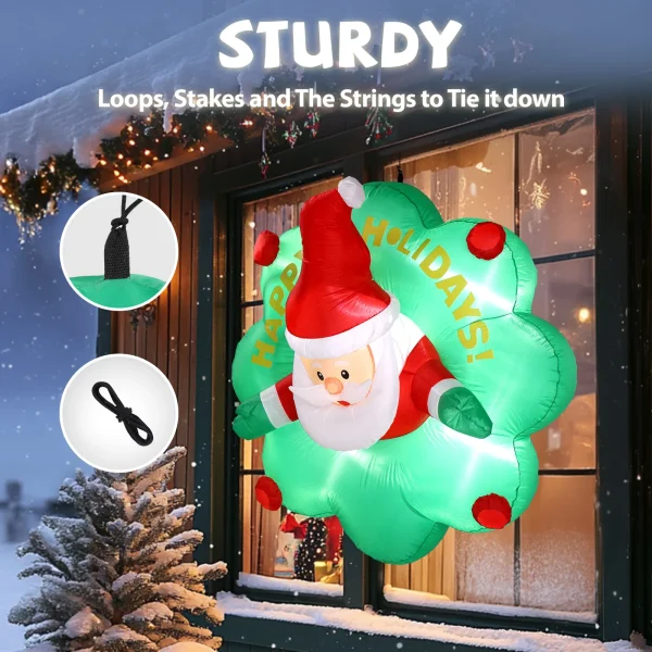 A 4-foot-tall inflatable Santa pops out of the window with a wreath, built-in LED lights, and Christmas window decorations - Image 2