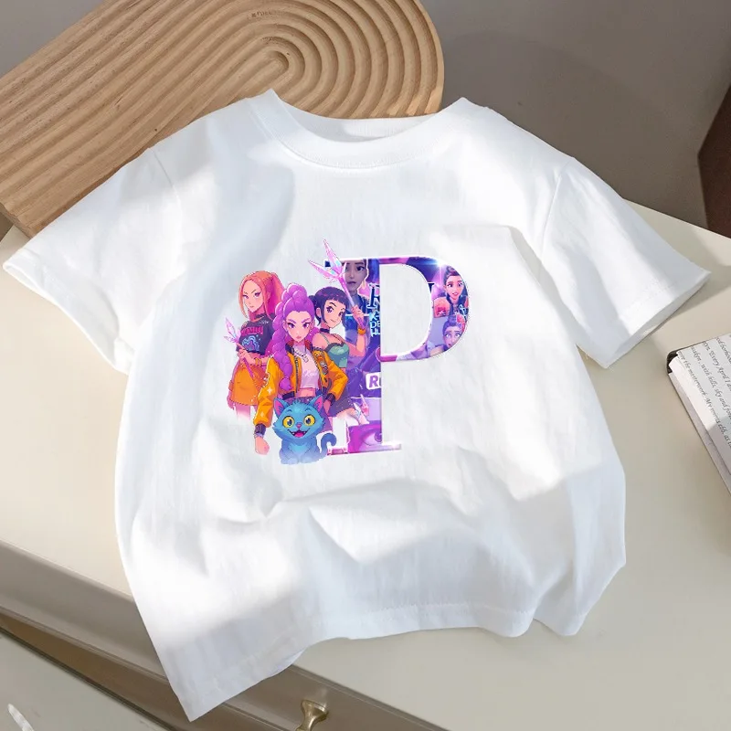 KPop Demon Hunteres Girls T-shirts Cartoon Anime Pattern Letter A-Z Tee Children Summer Fashion Clothes Kids Cute T-shirt Gifts