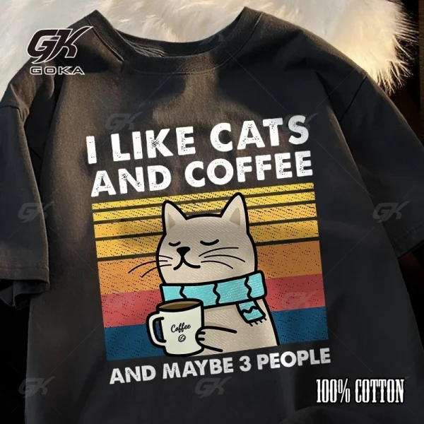 I Like Cats and Coffee Men Women T-Shirt Cotton Tee Clothes Hip Hop Loose Tshirt Casual Crewneck T-Shirt Streetwear Couple