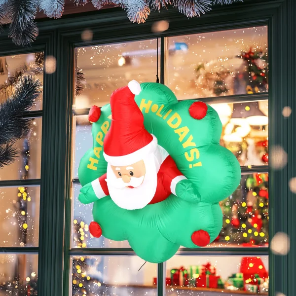 A 4-foot-tall inflatable Santa pops out of the window with a wreath, built-in LED lights, and Christmas window decorations - Image 4