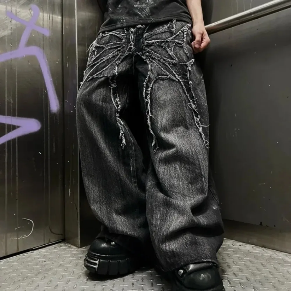 Streetwear Gothic Retro Baggy Fit Unisex Mopping Pants Y2K Phantom Jeans High Street Spider Embroidered Patch Hip Hop