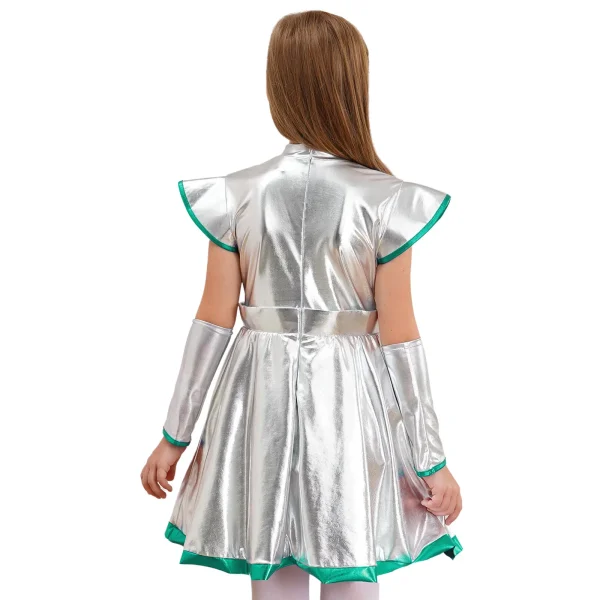 Girls Halloween Alien Cosplay Costume Theme Party Carnival Role Play Clothes Sleeveless Contrast Color Metallic Shiny Dress - Image 2
