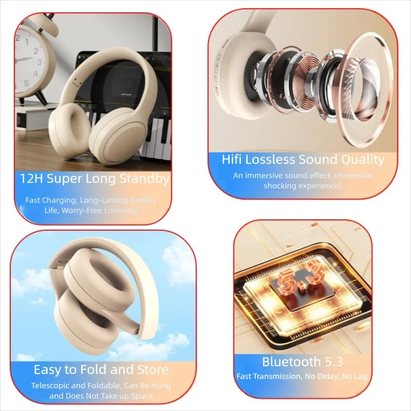 Wireless Headset Bluetooth5.3 HiFi Stereo Earphones Noise Cancelling Gaming Head Foldable with Mic Earbuds TF/AUX Music Player - Image 5