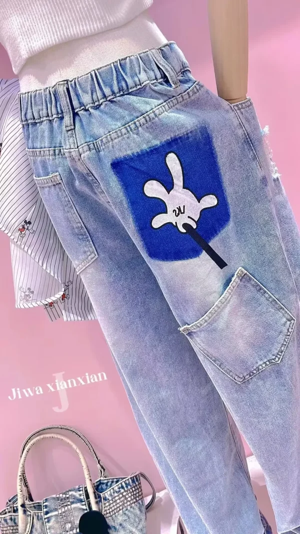 Cartoon Print Ripped Straight Jeans Spring Summer Thin Contrasting Narrow Version Wide Legs High Waisted Blue Jeans for Women - Image 2