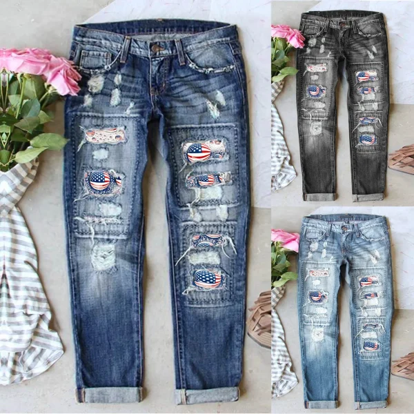 2024 Womens Jeans Independence Day Printed Ripped Personality Design Denim Pants Straight Leg Slim Pantalones For Women Work