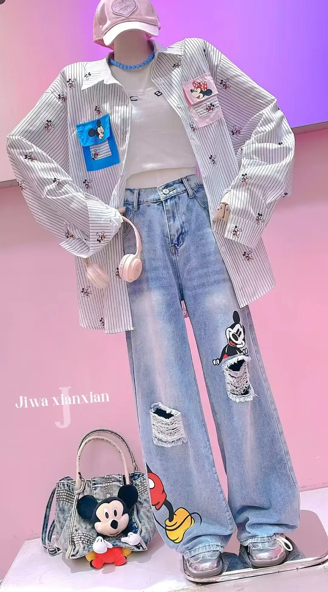 Cartoon Print Ripped Straight Jeans Spring Summer Thin Contrasting Narrow Version Wide Legs High Waisted Blue Jeans for Women - Image 6
