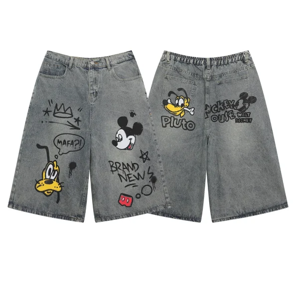 American High Street Retro Washed Cartoon Print Seven-point Jeans Women Summer Couple Straight Loose Wide-leg Trousers - Image 3