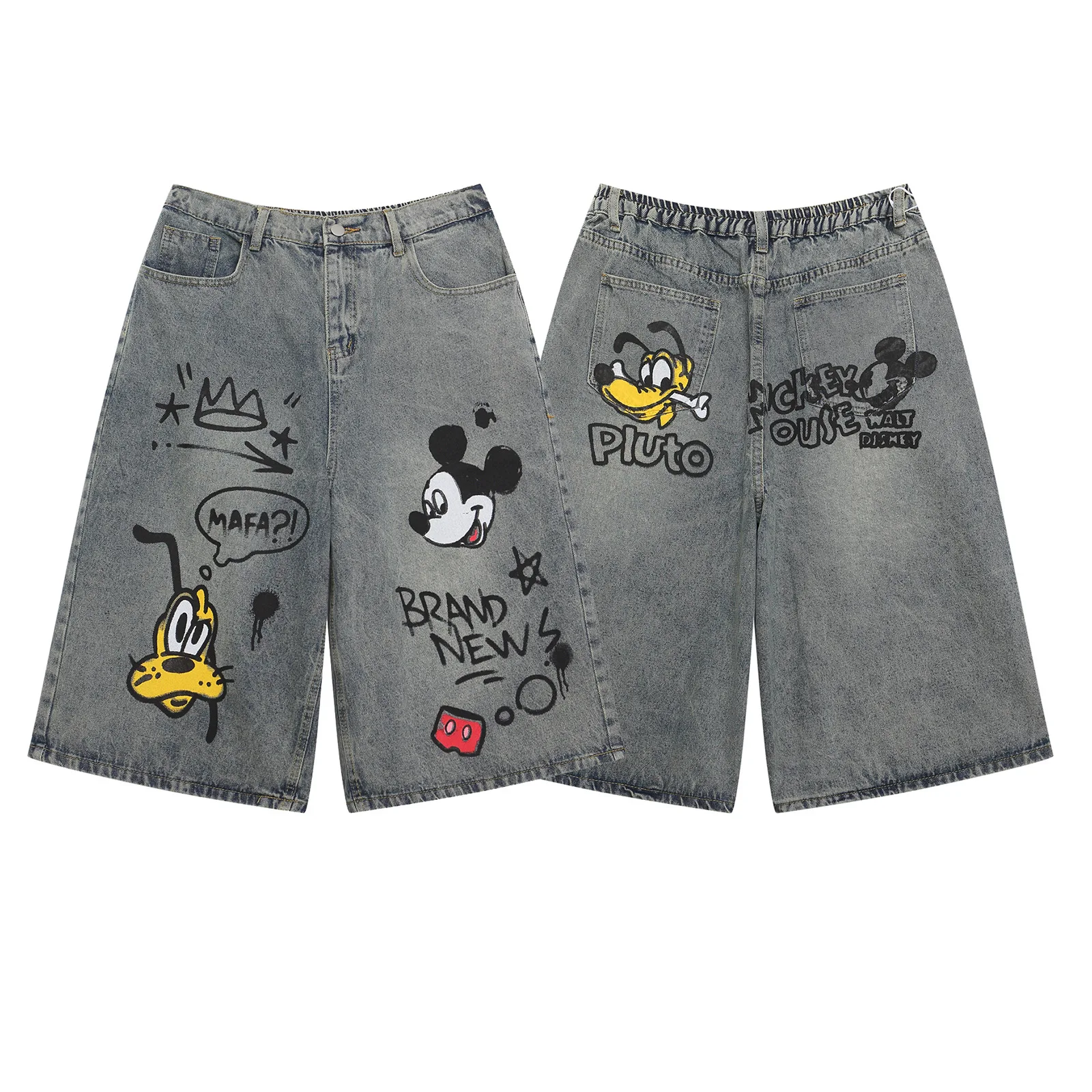 American High Street Retro Washed Cartoon Print Seven-point Jeans Women Summer Couple Straight Loose Wide-leg Trousers - Image 3