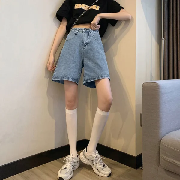 Women Jean High Waist Denim Pants Distressed Jean Wide Leg Knee Length Pockets Loose High Street Washed Zipper Fly Casual - Image 2