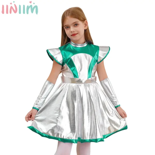 Girls Halloween Alien Cosplay Costume Theme Party Carnival Role Play Clothes Sleeveless Contrast Color Metallic Shiny Dress