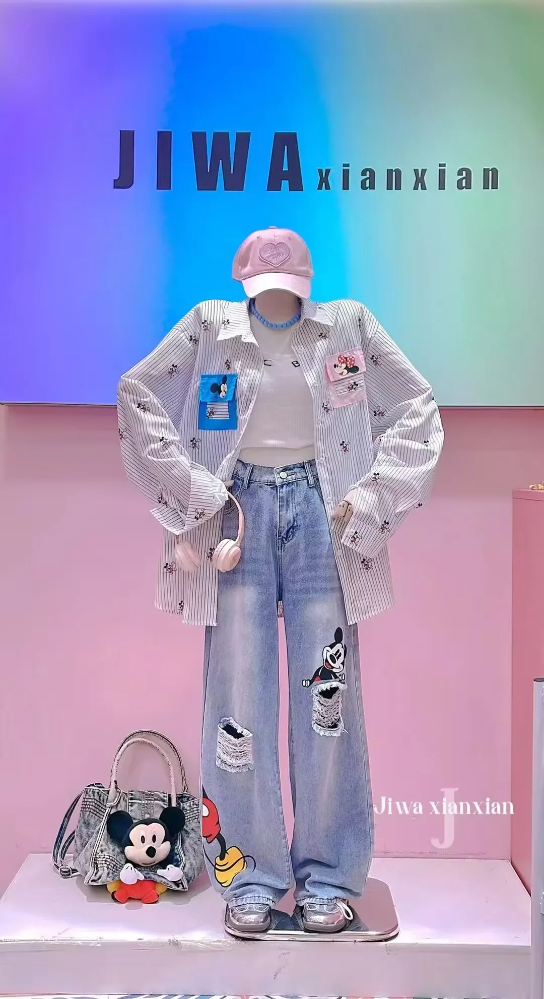 Cartoon Print Ripped Straight Jeans Spring Summer Thin Contrasting Narrow Version Wide Legs High Waisted Blue Jeans for Women - Image 3
