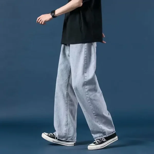 Men Jeans Denim Wide Leg Pants Floor Length Pant Loose Casual High Waist Regular Solid Simple Straight Trousers Autumn 2024 - Image 2