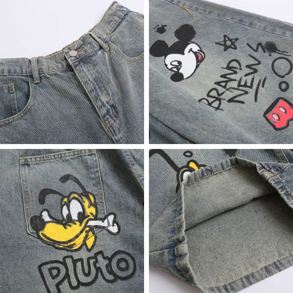 American High Street Retro Washed Cartoon Print Seven-point Jeans Women Summer Couple Straight Loose Wide-leg Trousers - Image 4