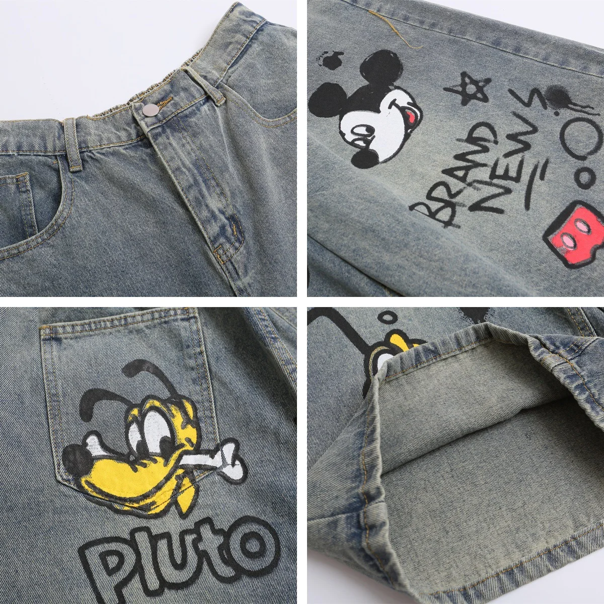 American High Street Retro Washed Cartoon Print Seven-point Jeans Women Summer Couple Straight Loose Wide-leg Trousers - Image 4