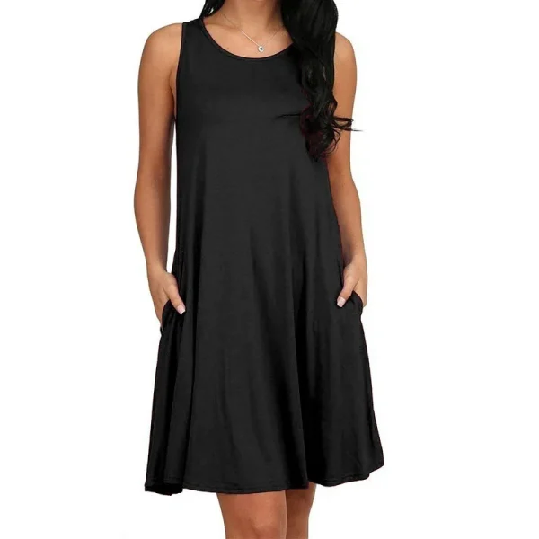 Women's Dress Summer Casual T Shirt Dresses Beach Cover up Plain Pleated Tank Pockets Dress - Image 2