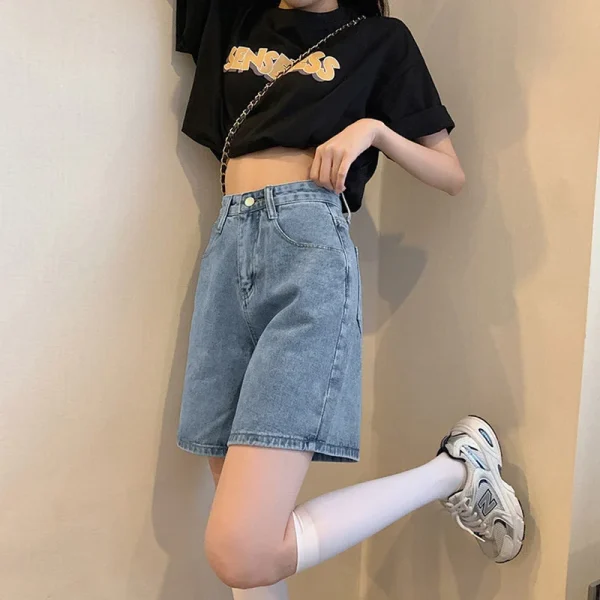 Women Jean High Waist Denim Pants Distressed Jean Wide Leg Knee Length Pockets Loose High Street Washed Zipper Fly Casual