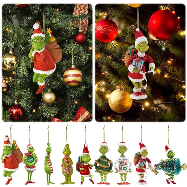 18Pcs 2D Acrylic Cute Green Monsters Christmas Tree Pendants Christmas Cartoon Ornaments Christmas Party Supplies