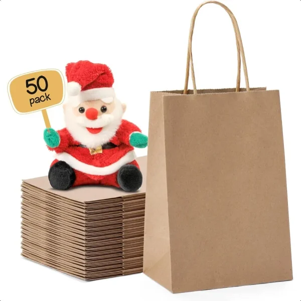Paper Gift Bags 5.25x3.75x8 50Pcs Christmas Gift Wrap Bags with Handles Brown Kraft Paper Bags for Small Business Heavy Duty Bu