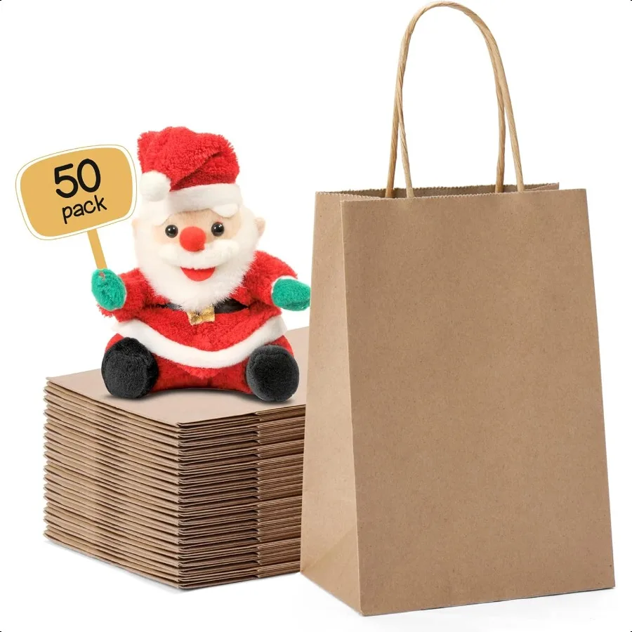Paper Gift Bags 5.25x3.75x8 50Pcs Christmas Gift Wrap Bags with Handles Brown Kraft Paper Bags for Small Business Heavy Duty Bu