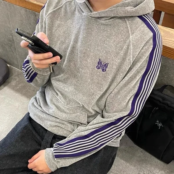 Needles ssz track butterfly velvet gray hoodie Japanese fashion brand loose-fitting autumn/winter unisex hooded sweatshirt