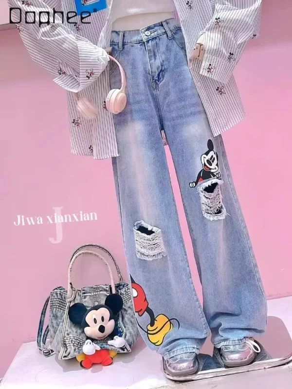 Cartoon Print Ripped Straight Jeans Spring Summer Thin Contrasting Narrow Version Wide Legs High Waisted Blue Jeans for Women