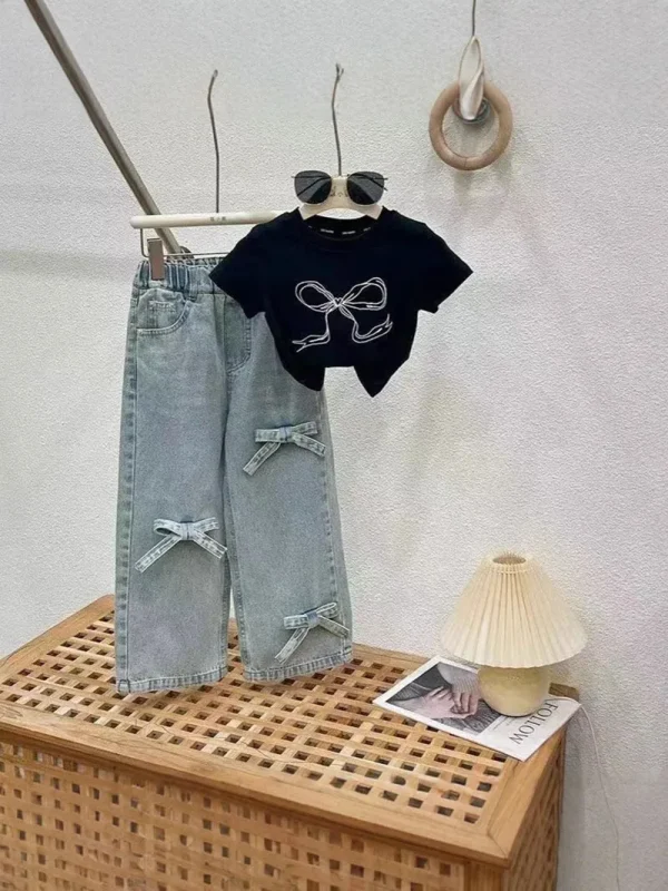 MILANCEL New Summer Kids Clothes Set Girls Bow Color Blocked Top +Solid Color Straight Leg Jeans Children Outfit 2PCS - Image 5