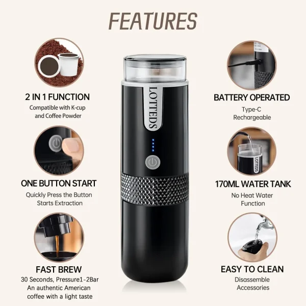 Portable American Coffee Maker, Electric Travel Coffee Machine Non-Heating Compatible with K Cup Capsules & Ground Coffee with U - Image 2